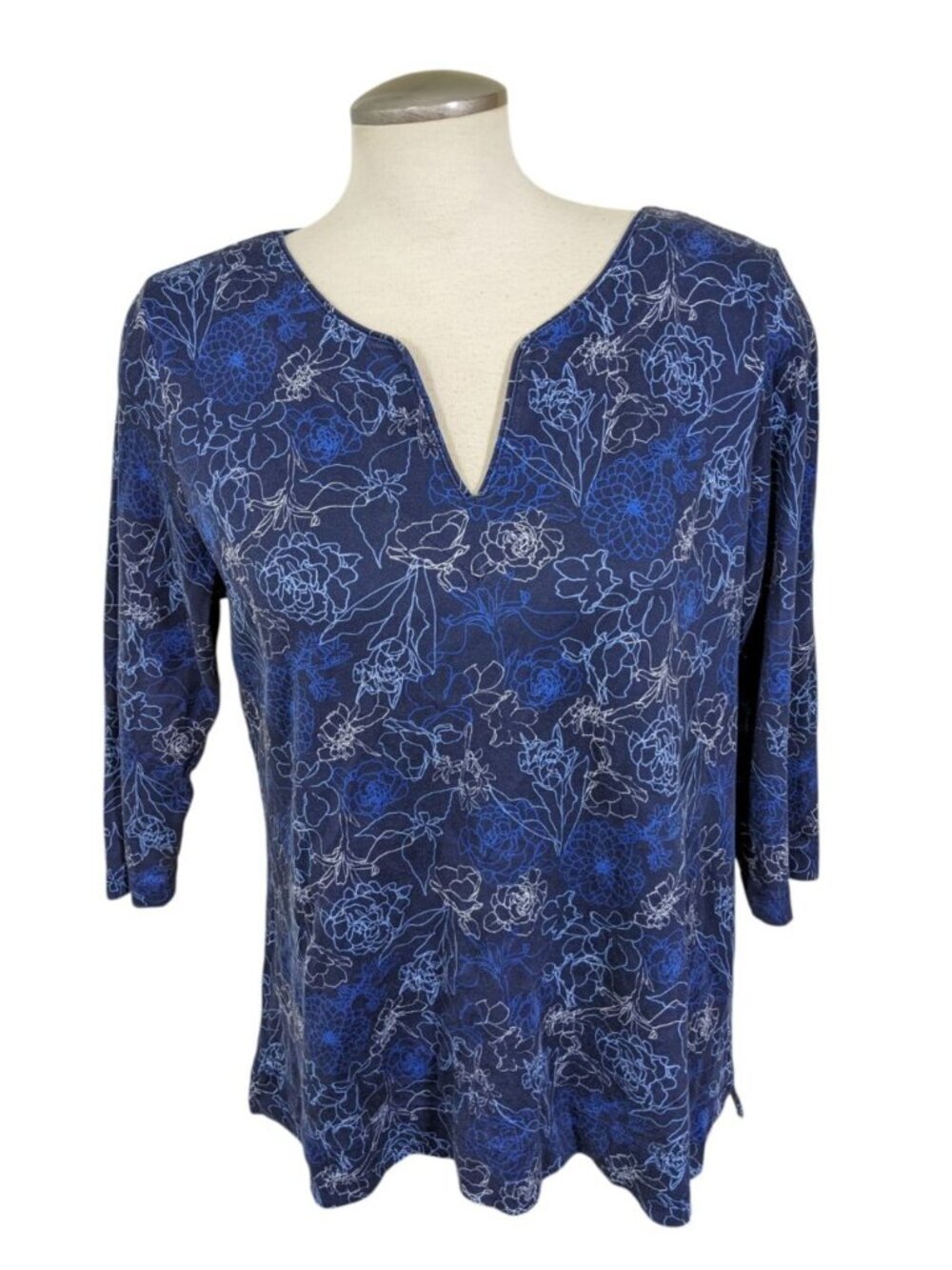 L.L.Bean Womens Pima Cotton Tunic Three-Quarter Sleeve Top Blue Floral Size L